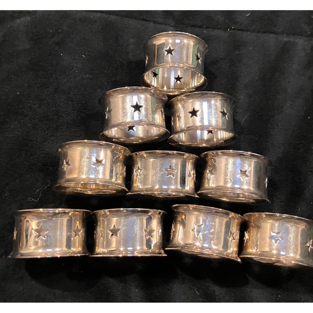 Napkin Ring Set 10pc Silver Tone Star Cutout Flared Metal Decor